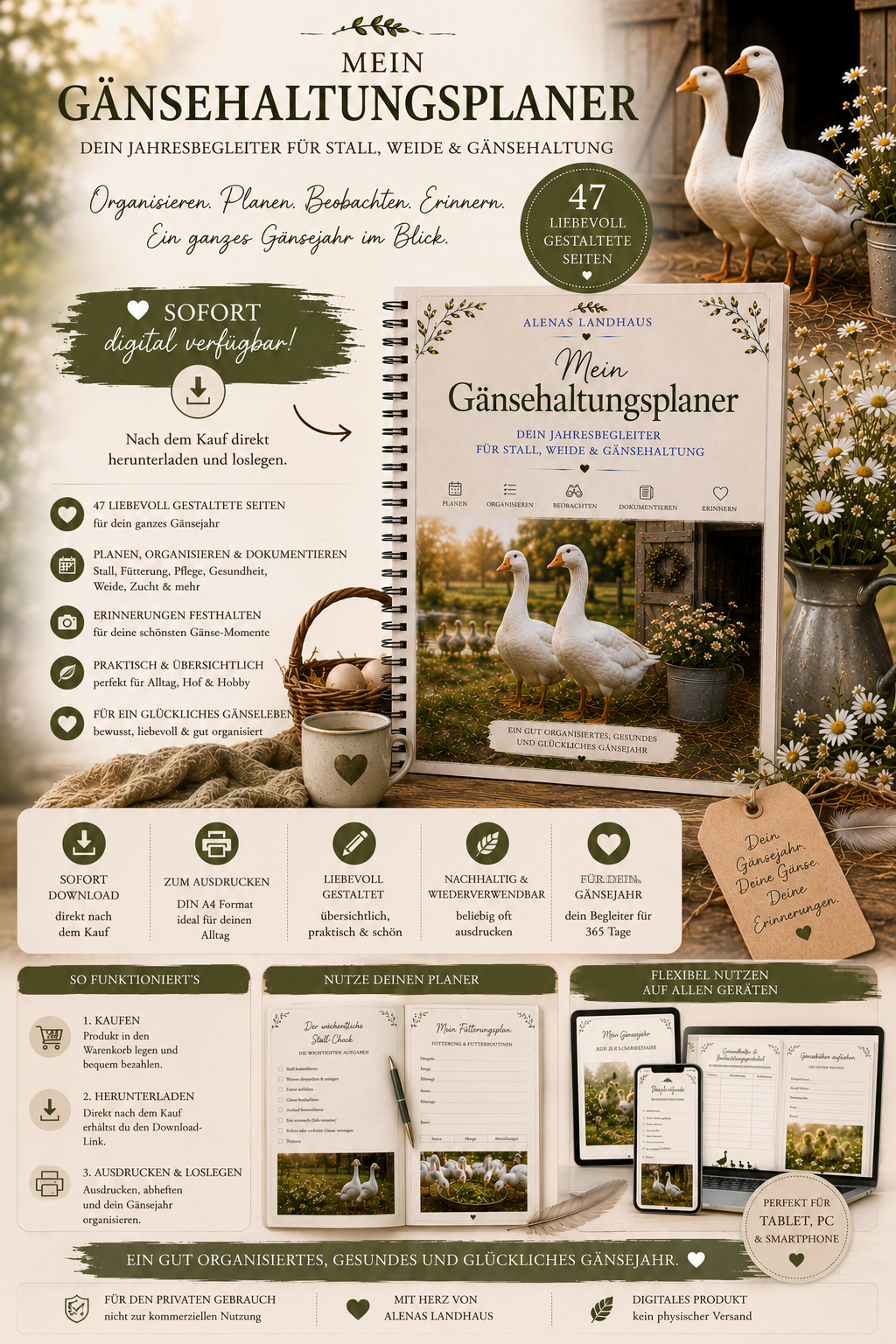 Mein Gänsehaltungsplaner | Dein Jahresbegleiter für Stall, Weide & Gänsehaltung